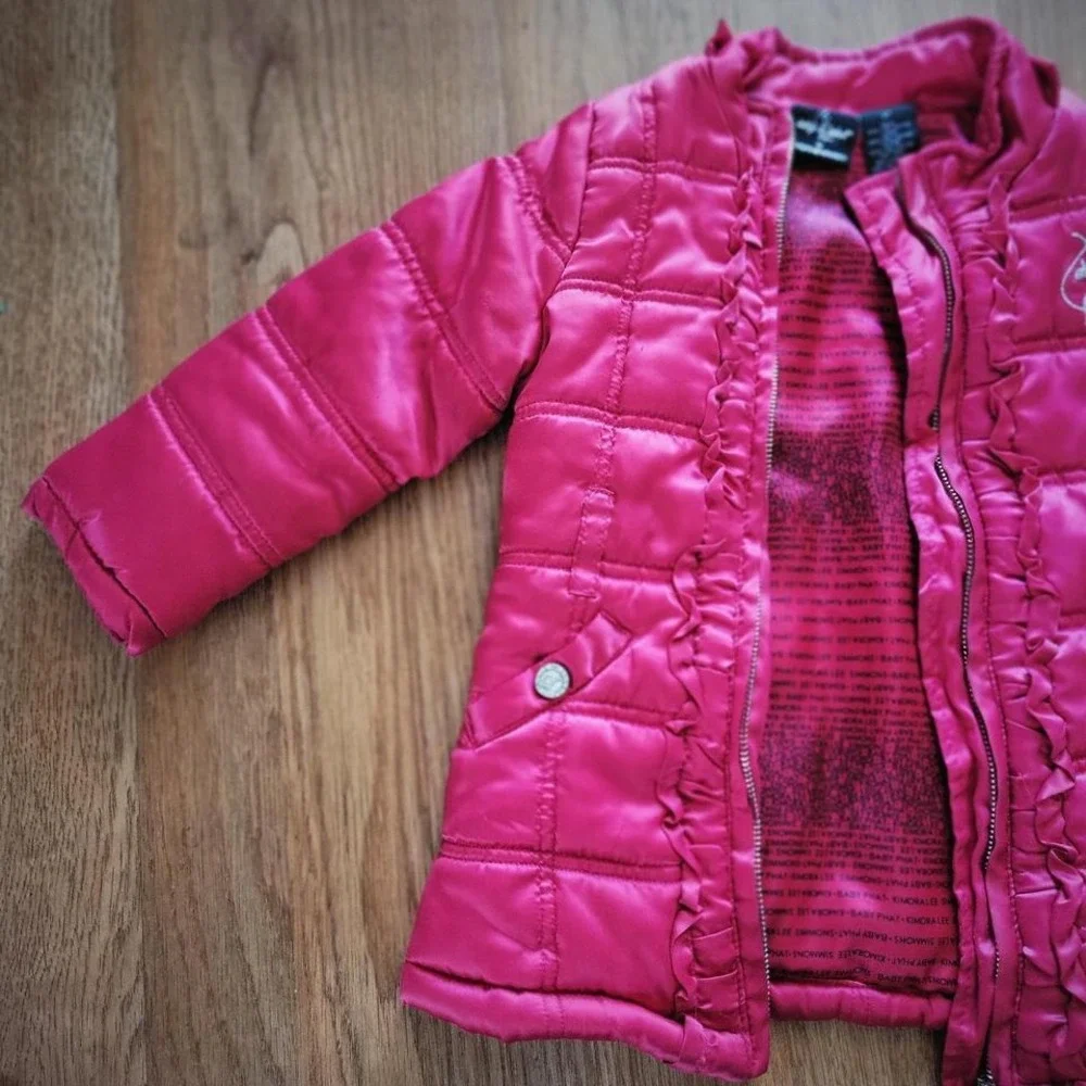 Baby Phat Girlz Puffer Jacket Vintage 2000s Pink Ruffle Quilted Coat Kids 2T
